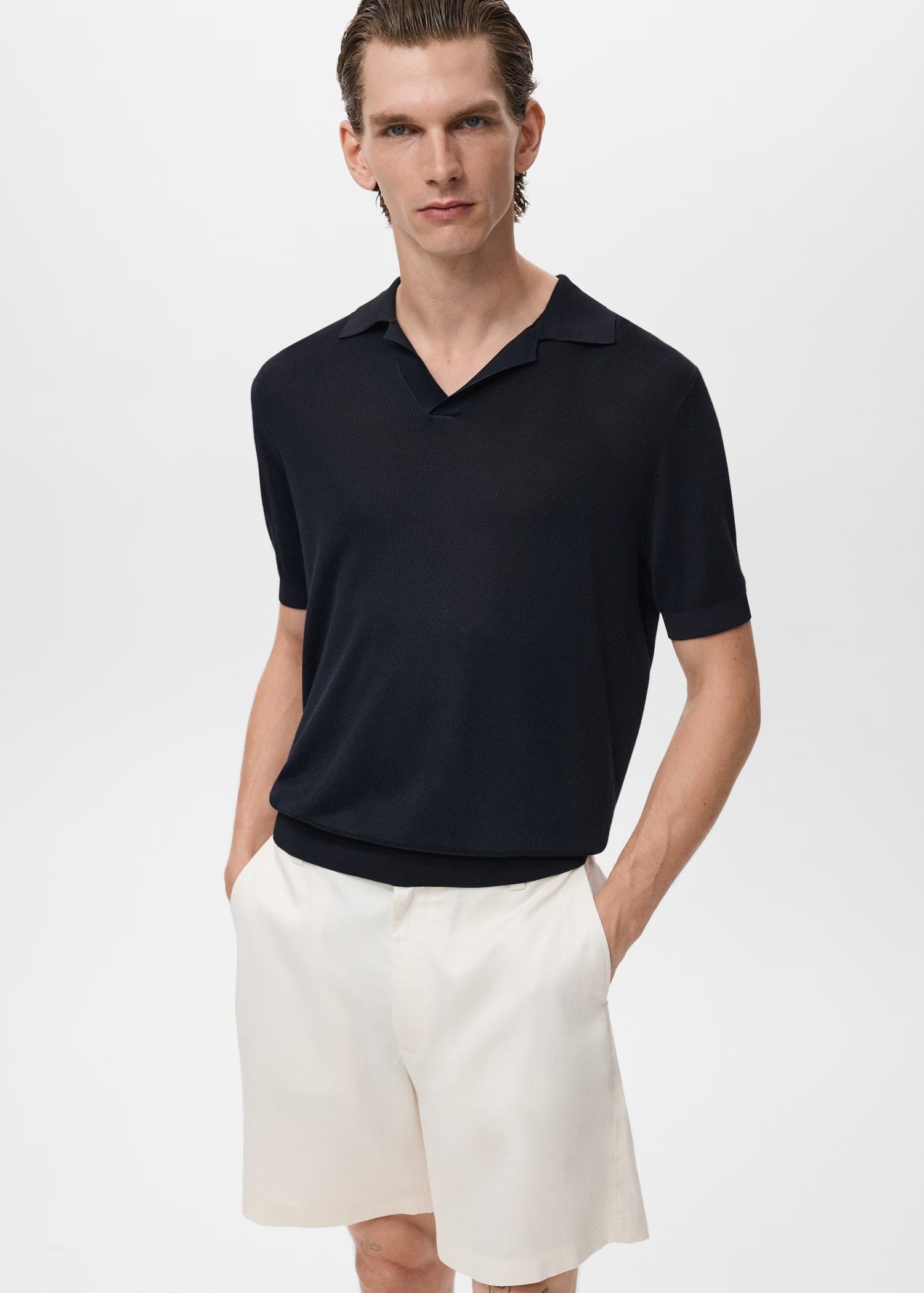 Camisa Polo em Tricô Texturizado - Azul marinho