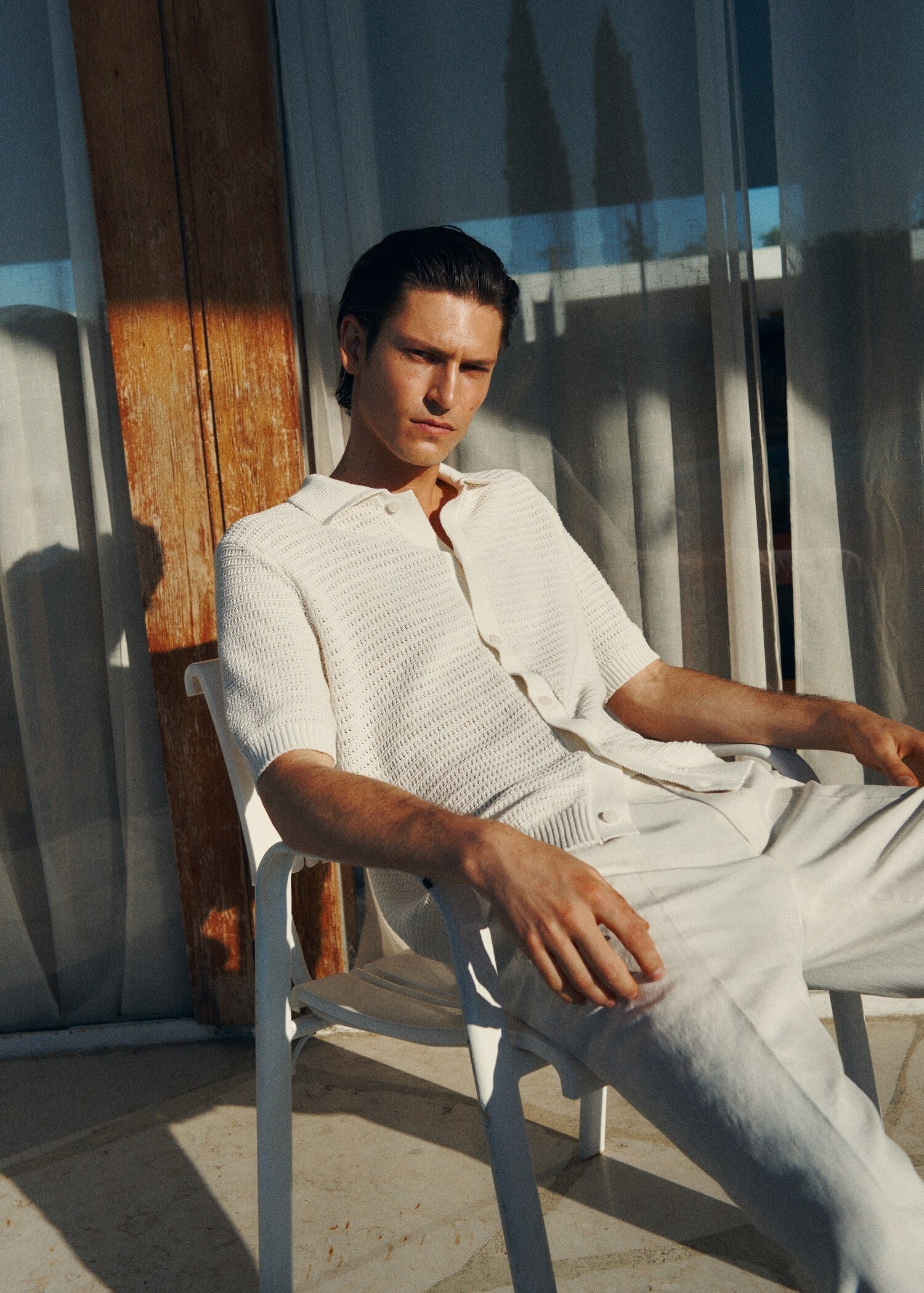 Camisa Polo em Crochê Malha Vazada - Branco