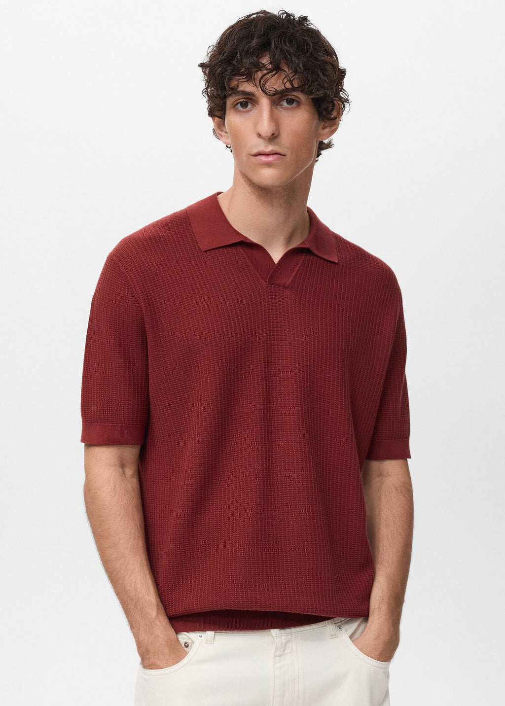 Camisa Polo em Tricô Texturizado - Vermelho